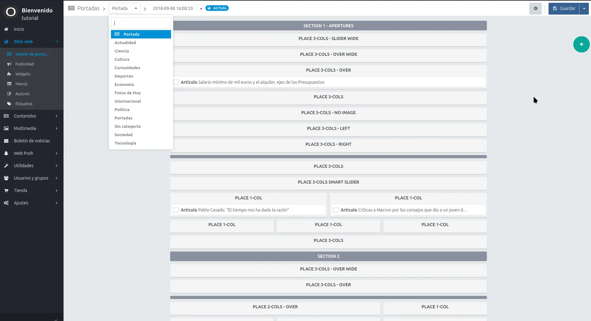 The Opennemas front-page manager, composing a newspaper homepage from placement slots with the section picker open