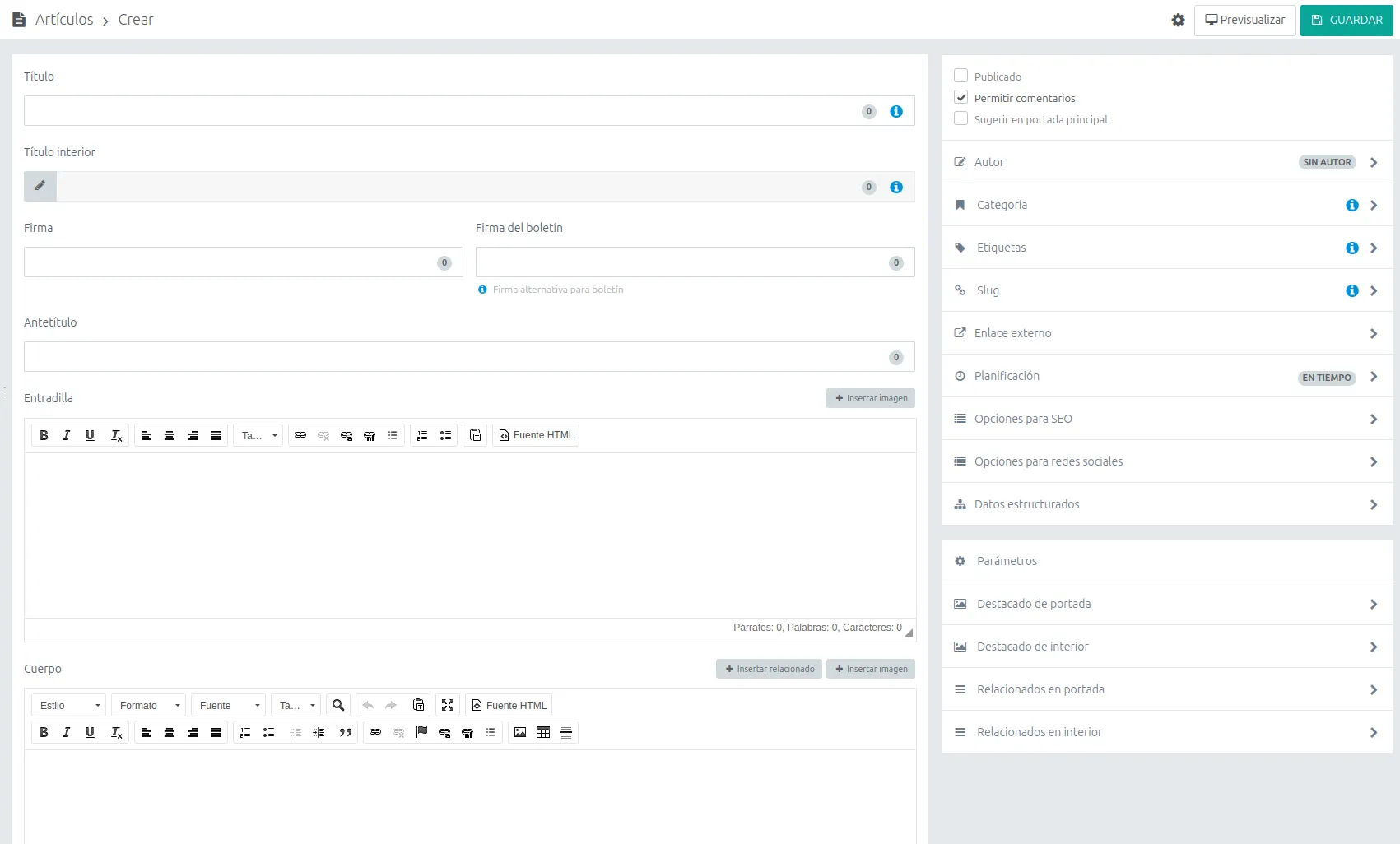 The Opennemas article editor, with standfirst, byline, scheduling, SEO and structured-data panels down the side
