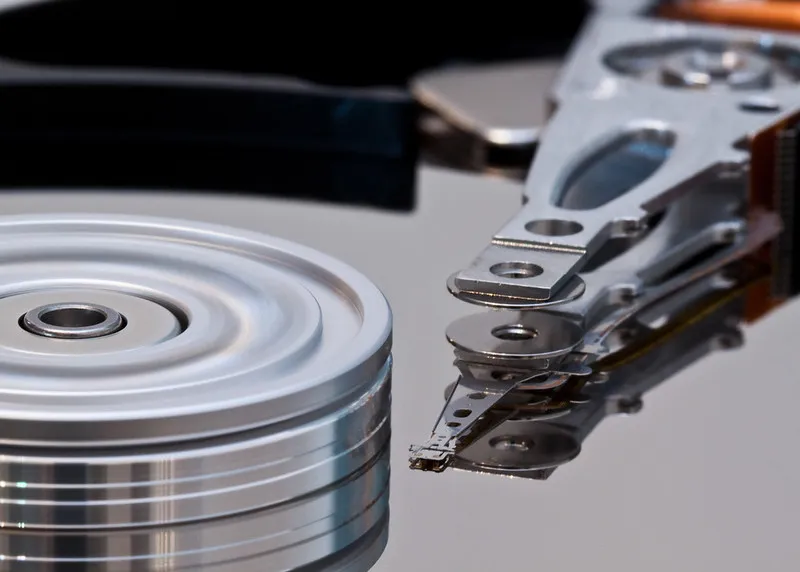 A stack of bare hard disk platters
